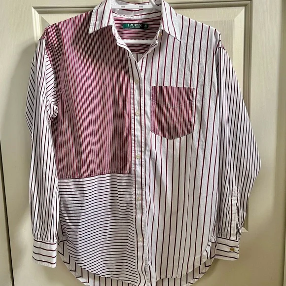 Ralph Lauren Women Small Burgundy and White Striped Shirt - Picture 2 of 12